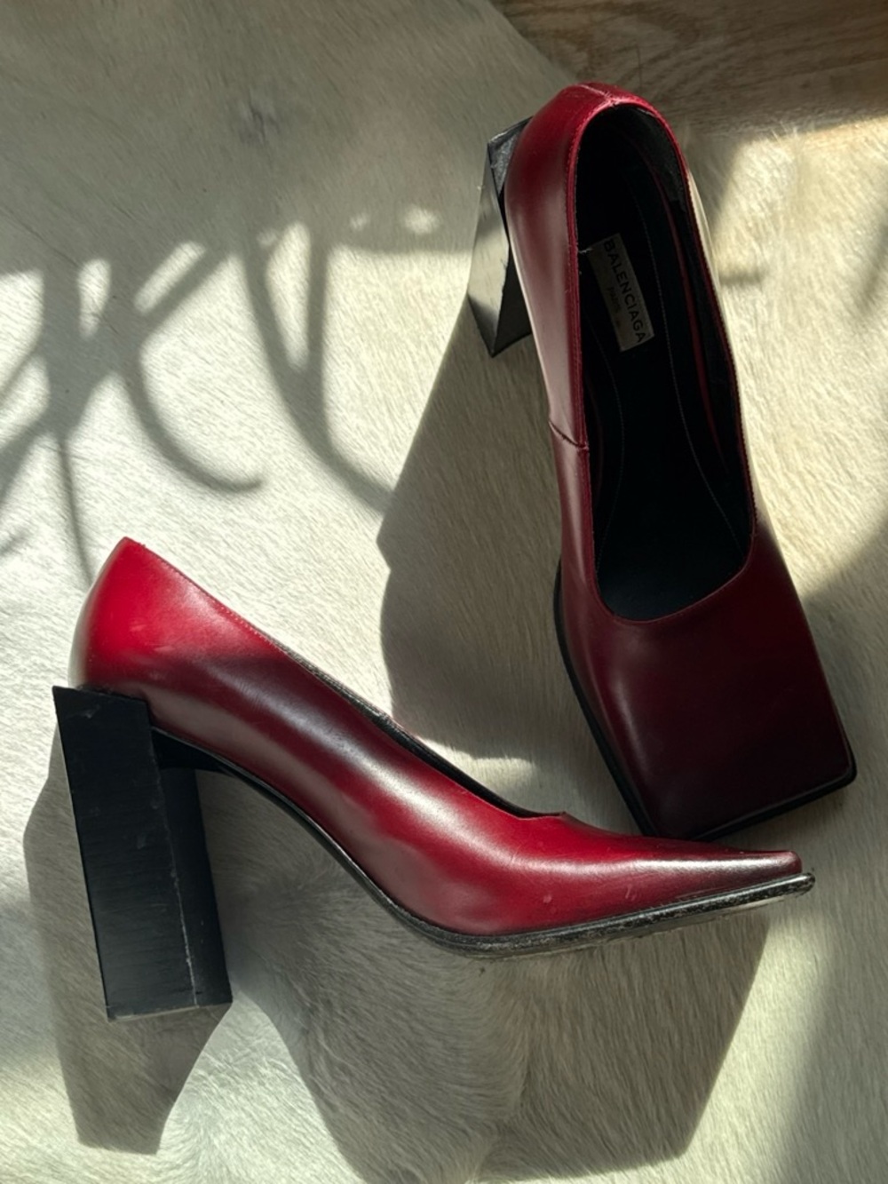 Balenciaga Women's Burgundy Square-Toe Leather Pumps - Picture 2 of 4